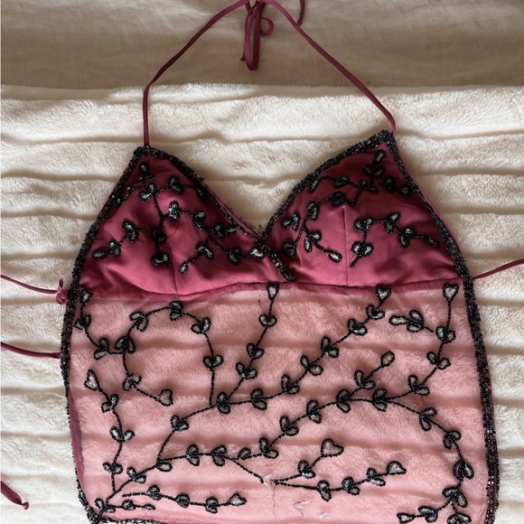 Vintage Tops - Vintage Pink Beaded Halter Top